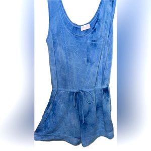 Pink Lily Blue Washed Tank Top Romper with Pocket and waist tie
